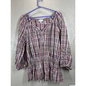 Fashion Bug Plaid Womens 3/4 Sleeve Top Shirt‎ Smocked Waist Plus Size 18/20W